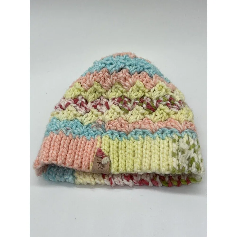 Handmade Knit Hat Beanie Womens One Size Multicolor Pom Bobble Chevron Winter